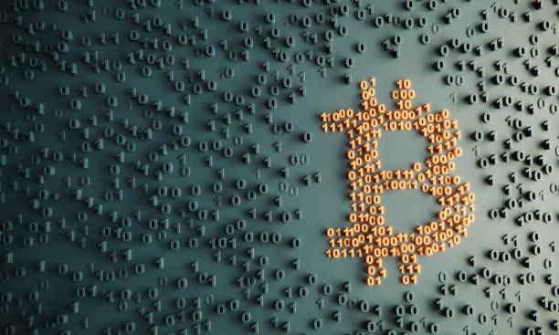 Bitcoin symbol with binary codes. (3d render)